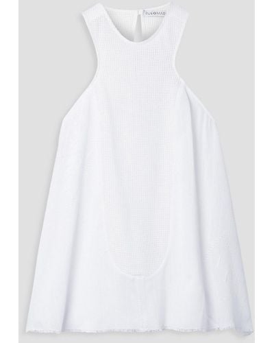 Rue Mariscal Frayed Embroidered Mesh-paneled Cotton Tank - White