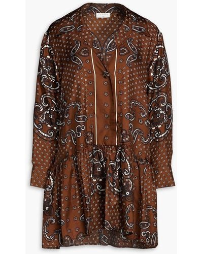 Sandro Gathered Paisley-print Silk-twill Mini Dress - Brown
