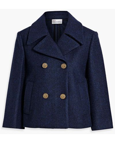 RED Valentino Double-breasted Herringbone Wool-tweed Coat - Blue