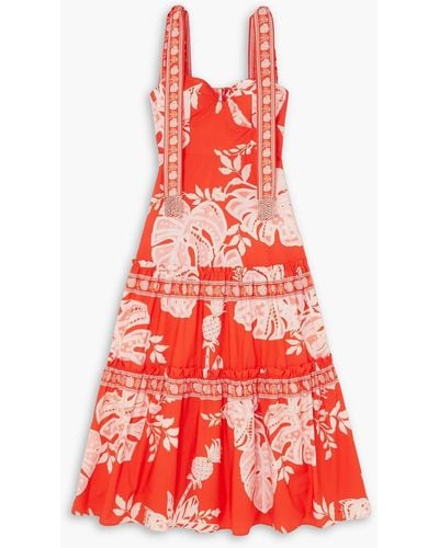 FARM Rio Lace Monsteras Tie Embroide Cotton Maxi Dress - Red