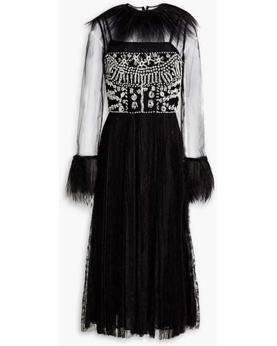 Valentino Garavani Embellished Tulle-paneled Chantilly Lace Midi Dress - Black