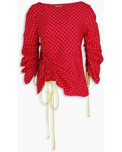 Tory Burch Ruched Checked Dupioni Blouse - Red