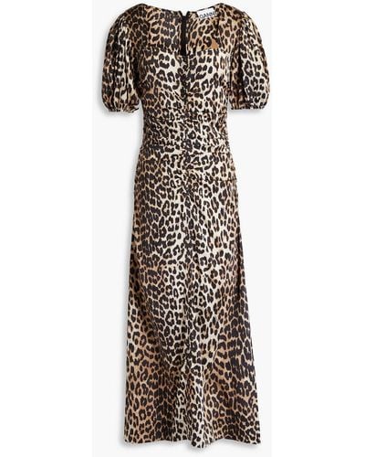 Ganni Ruched leopard-print silk-blend satin midi dress - Mehrfarbig