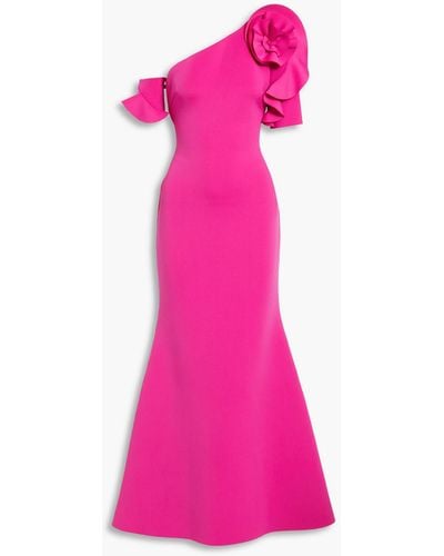 Badgley Mischka Fluted Floral-appliquéd Stretch-ponte Gown - Pink