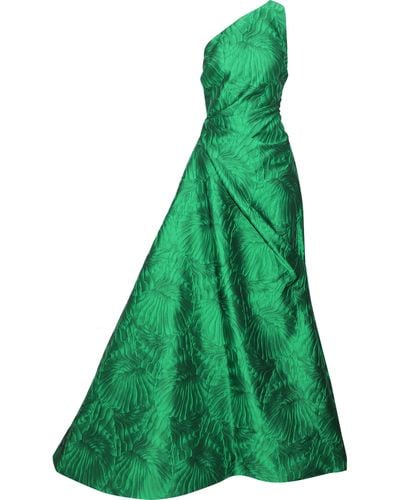 Reem Acra One-shoulder Gathered Cloqué-jacquard Gown Emerald - Green