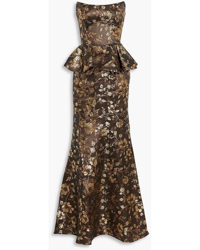 Marchesa Strapless Metallic Brocade Peplum Gown - Natural