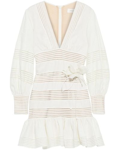 Zimmermann Floral-appliquéd crochet-trimmed linen mini dress - Weiß