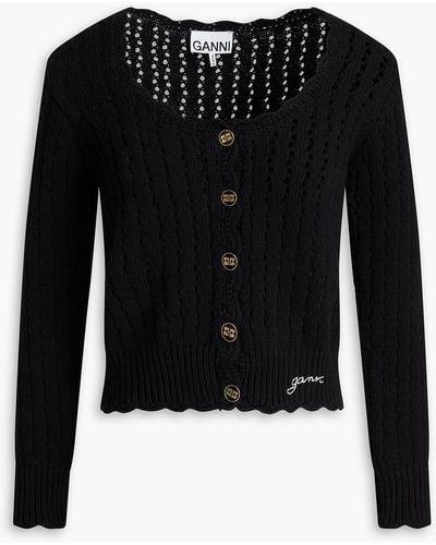 Ganni Crochet Knit Cotton Cardigan - Black
