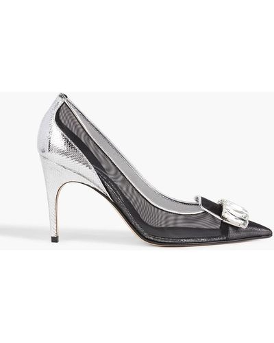 Sergio Rossi Embellished Snake-effect Leather And Mesh Pumps - Metallic