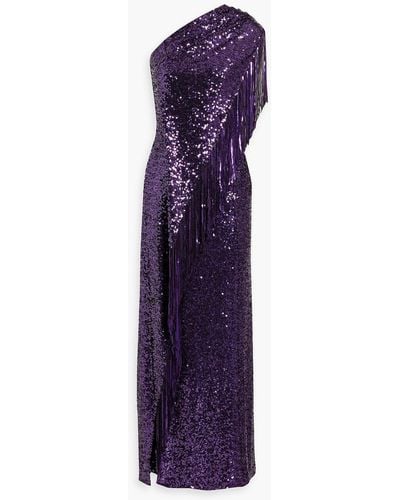 Badgley Mischka One-shoulder Draped Sequined Woven Gown - Purple