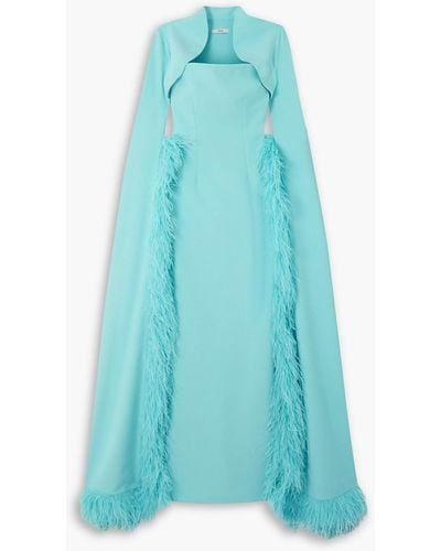 Safiyaa Amari And Soshin Cropped Feather-trimmed Crepe Jacket And Gown Set - Blue