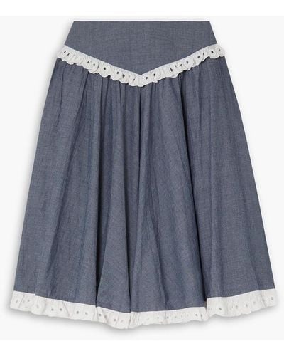 BATSHEVA Broderie Anglaise-trimmed Gathered Cotton-chambray Skirt - Blue
