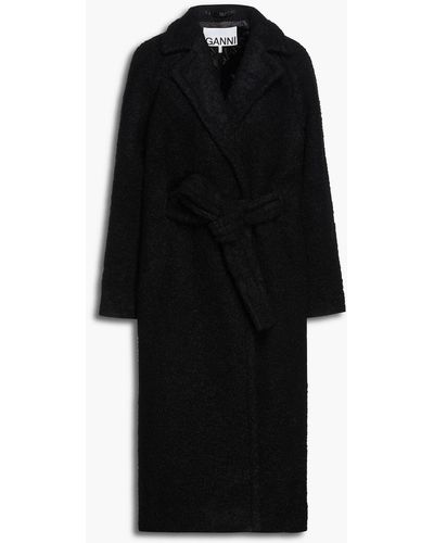 Ganni Double-breasted Belted Wool-blend Bouclé Coat - Black