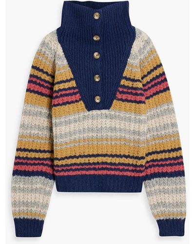 Mother The Buttoned Collar Striped Wool-blend Sweater - Blue