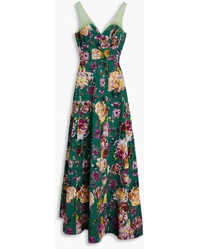 Marchesa Tulle-trimmed Floral-jacquard Gown - Green