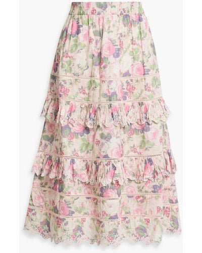 LoveShackFancy Naila Tiered Floral-print Broderie Anglaise Cotton Midi Skirt - Pink