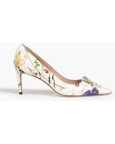 Stuart Weitzman Pearl Buckle 75 Embellished Floral-print Leather Court Shoes - Metallic