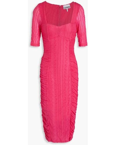 Ganni Ruched Cloqué Dress - Pink