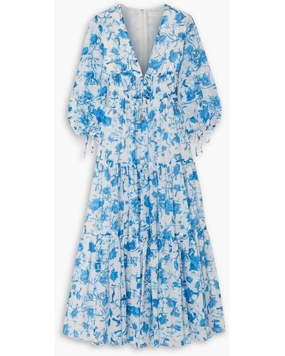 Borgo De Nor Faustine Floral-print Cotton And Silk-blend Voile Midi Dress - Blue