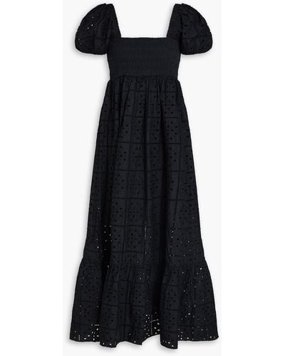 Ganni Shirred Broderie Anglaise Cotton Maxi Dress - Black