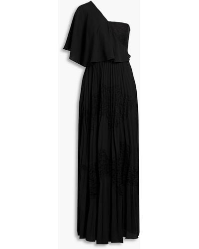 Mikael Aghal One-shoulder Pleated Crepe And Lace Maxi Dress - Black