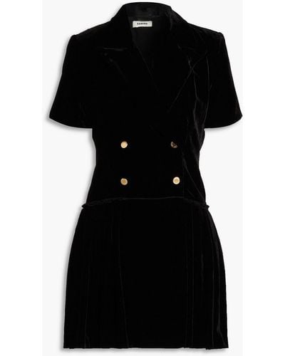 Sandro Pleated Velvet Mini Tuxedo Dress - Black