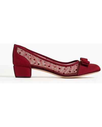 Ferragamo Vara Bow-detailed Flocked Mesh And Faille Court Shoes - Red