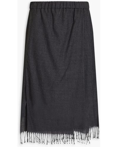 Brunello Cucinelli Fringed Wrap-effect Mélange Wool Midi Skirt - Black