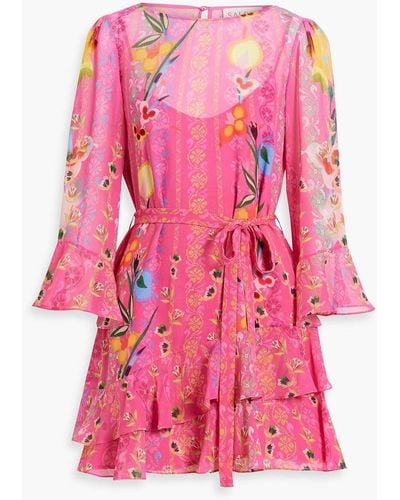 Saloni Belted Ruffled Printed Georgette Mini Dress - Pink