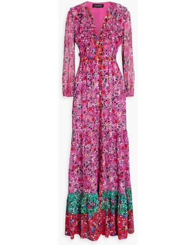 Saloni Ginny Ruffled Floral-print Silk-crepe And Chiffon Maxi Dress - Purple