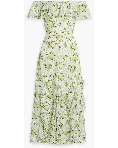 Mikael Aghal Off-the-shoulder Ruffled Printed Fil Coupé Jacquard Midi Dress - Green