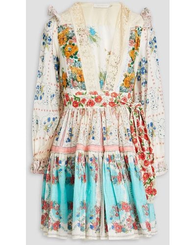 Zimmermann Ruffled Floral-print Cotton Mini Wrap Dress - Blue