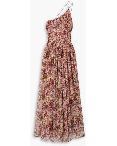 Doen Felicity One-shoulder Shirred Floral-print Silk-gauze Maxi Dress - Pink