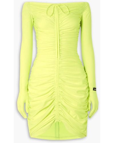 Quinn Off-the-shoulder Ruched Neon Stretch-jersey Mini Dress - Yellow