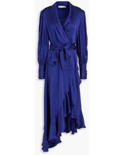 Zimmermann Ruffled Silk-satin Wrap Dress - Blue