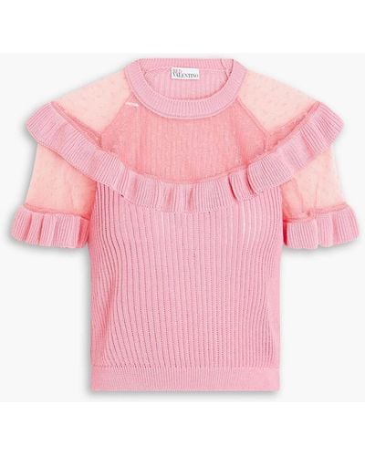 RED Valentino Ribbed Point D'esprit-paneled Cotton Top - Pink