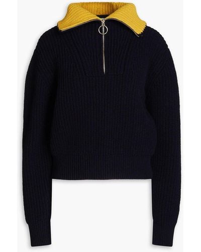 Sandro Tanger Two-tone Ribbed Wool-blend Half-zip Sweater - Blue