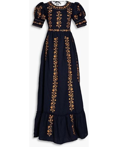 Agua Bendita Metallic Embroidered Gathered Linen Maxi Dress - Blue