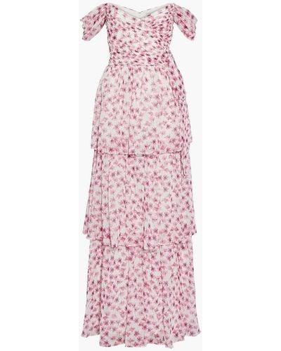 ML Monique Lhuillier Tiered Off-the-shoulder Floral-print Fil Coupé Georgette Maxi Dress - Pink