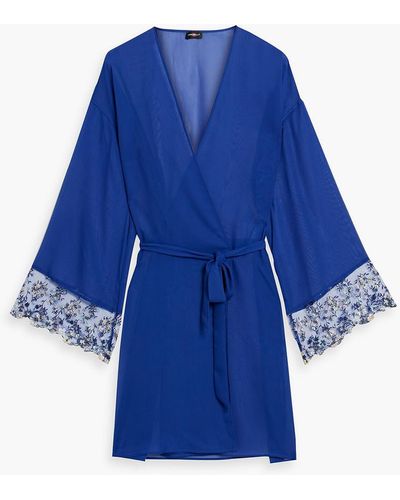 Cosabella Belted Lace-trimmed Chiffon Robe - Blue