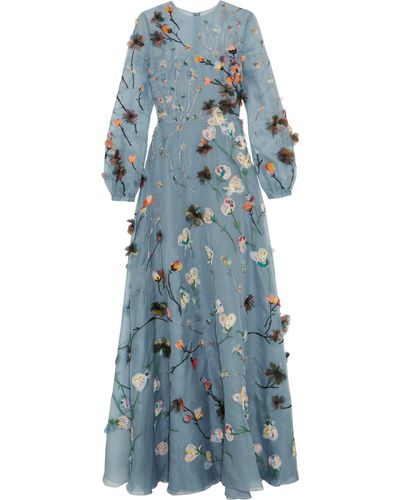 Valentino Floral Applique Evening Dress - Blue
