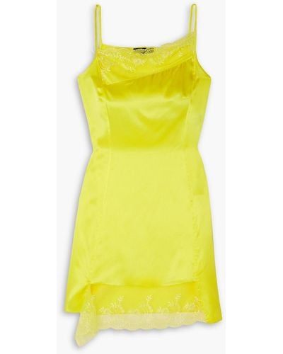 MERYLL ROGGE Asymmetric Lace-trimmed Silk-charmeuse Mini Dress - Yellow
