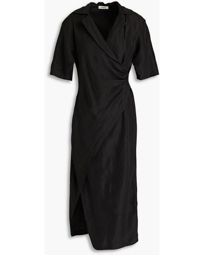 Sandro Clarence Wrap-effect Slub Woven Midi Dress - Black