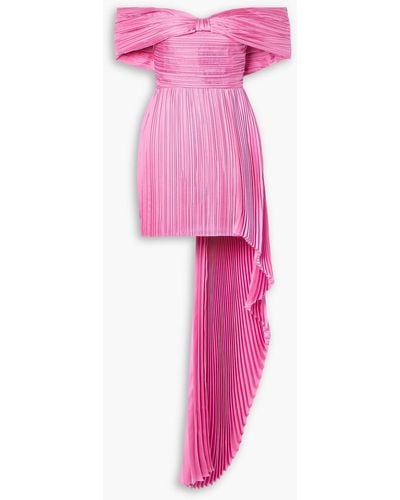 SemSem Off-the-shoulder Asymmetric Plissé Silk-charmeuse Mini Dress - Pink