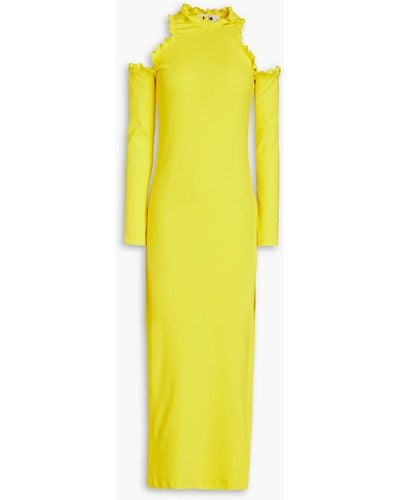 MSGM Cold-shoulder Ruffle-trimmed Stretch-cotton Jersey Midi Dress - Yellow