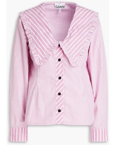 Ganni Ruffled Striped Cotton-poplin Blouse - Pink