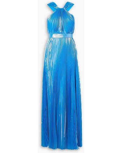 SemSem Cutout Silk And Lurex-blend Plissé-lamé Halterneck Gown - Blue
