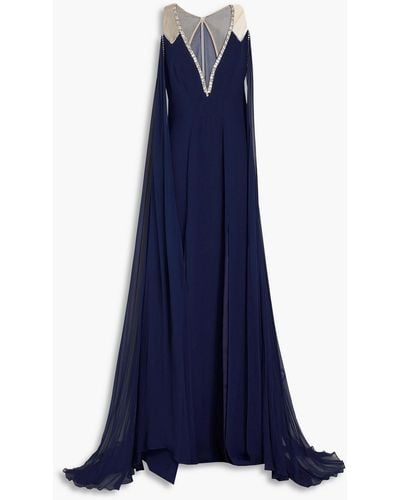 Jenny Packham Cape-effect Crystal-embellished Crepe And Chiffon Gown - Blue