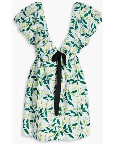Agua Bendita Horizonte Bow-detailed Floral-print Cotton Mini Dress - Green
