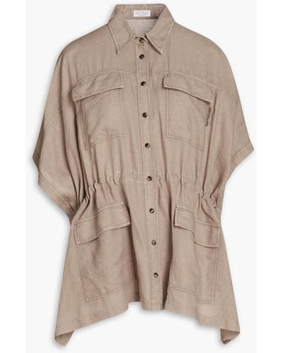 Brunello Cucinelli Hemd aus einer leinen-baumwollmischung mit zierperlen und raffung - Braun